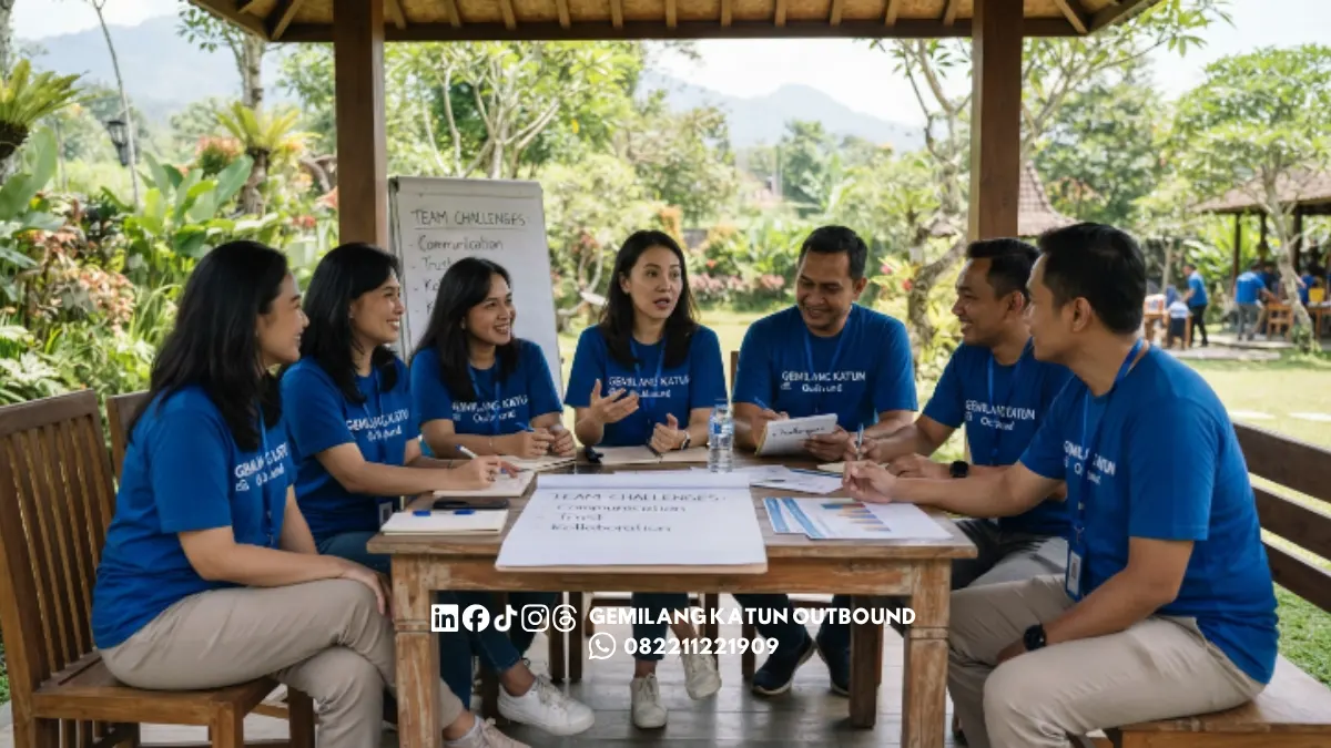 Tim perusahaan berdiskusi menentukan masalah sebelum outbound training Malang