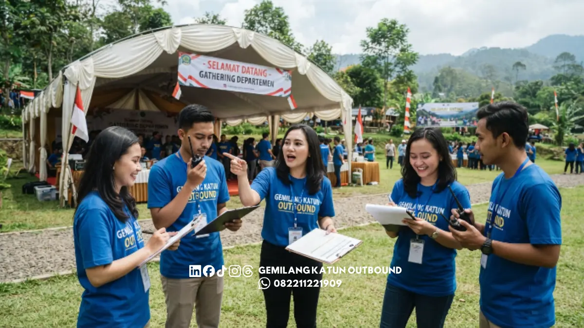 Tim penyelenggara sedang mempersiapkan acara gathering dinas di Malang